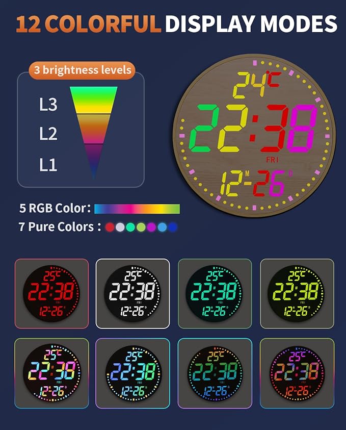 GLOKUUCA 12" Large Digital Wall Mount Clock, Count Down Timer, Alarm, Big LED, 12 RGB Color, Temperature for Living Room Classroom Desk (Bamboo Elements)