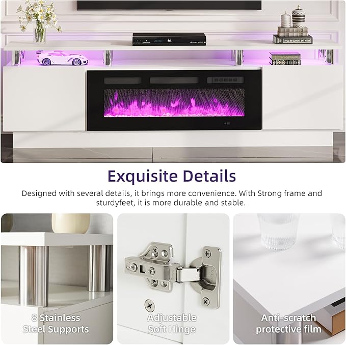 oneinmil Fireplace TV Stand with 36" Electric Fireplace,LED Light Entertainment Center,2 Tier TV Console Stand for TVs Up to 80",Fireplace for The Living Room TV Stand,White