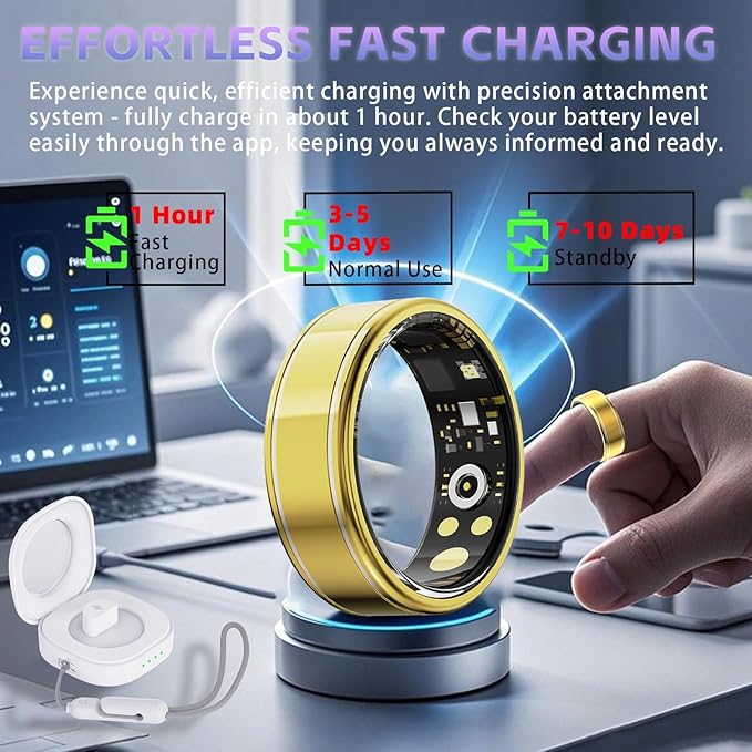 Smart Ring Health Tracker, Fitness Tracker Ring for Women Men, Monitoring of Pedometer, SpO2, Sleep Quality, Heart Rate, No Subscription Fee, Sport Rings for iOS & Android (Gold 12)