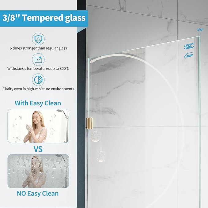 Shower Glass Panel, 28.5" W x 78.75" H Fixed Shower Screen Panel with 3/8"(10mm) SGCC Clear Tempered Glass, Frameless Walk in Shower Door for Bathroom (Bright Gold, 28.5" W x 78.75" H)