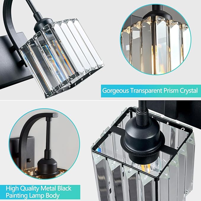 FDPBY Crystal Vanity Lights 6-Light Black Bathroom Vanity Lights Modern Crystal Bathroom Light Fixtures Over Mirror 51.18" Long Vanity Light for Bathroom