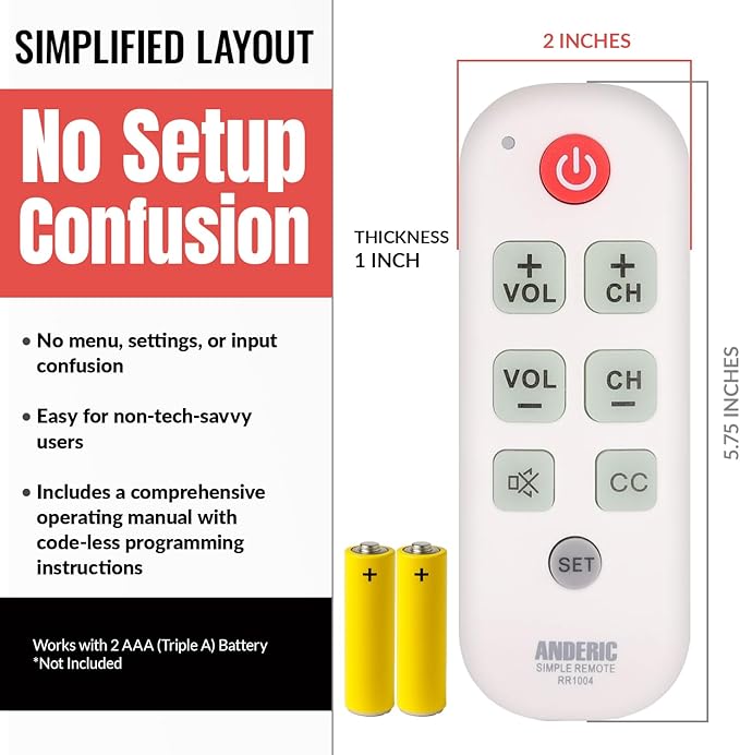 [10 Pack] Anderic Easy Big Button Universal TV Remote Control. Easy to Use, Learning, Glow Keys - Television & Cable Box Controller, Perfect for Assisted Living Elderly Care - White - RR1004
