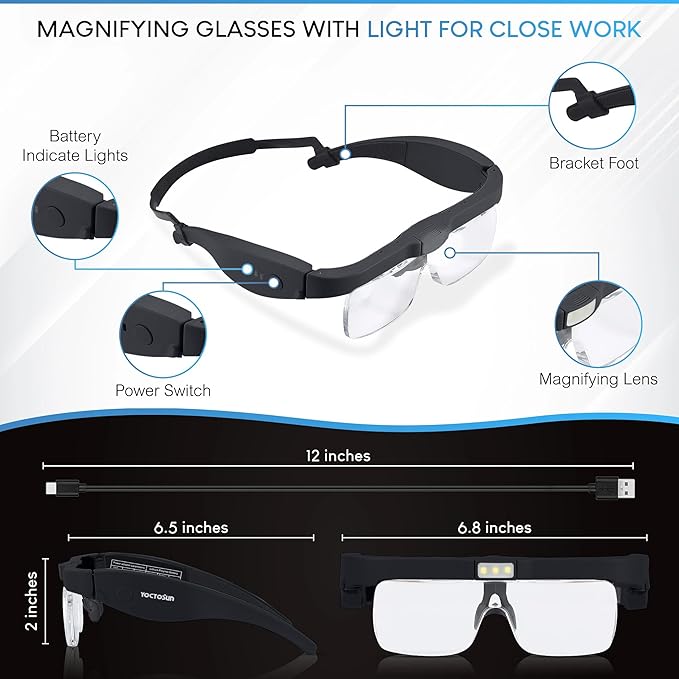 YOCTOSUN Magnifying Headset with 3 LED Lights, Storage Case, Head Strap and 5 Detachable Lenses 0.75X,1.25X,2.0X,3.0X 4.0X, Magnifying Glasses for Close Work, Jewelry, Hobby