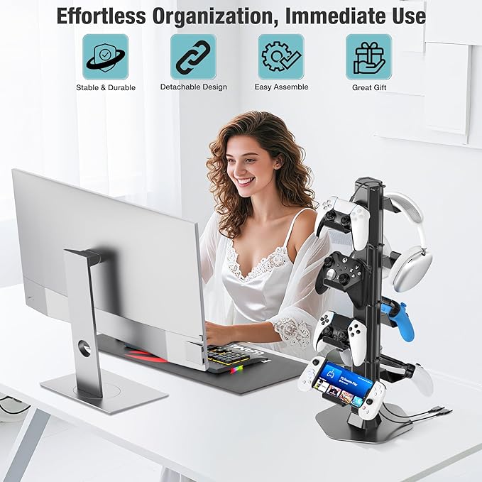 Controller & Headset Holder Stand for Desk, with Charger Cable Organizer Headphone Stand for PS5/ Xbox/ PS4/ Switch, Metal Base Controller Hanger Hook for Storage Earphones, Game Console, Mobile Phone