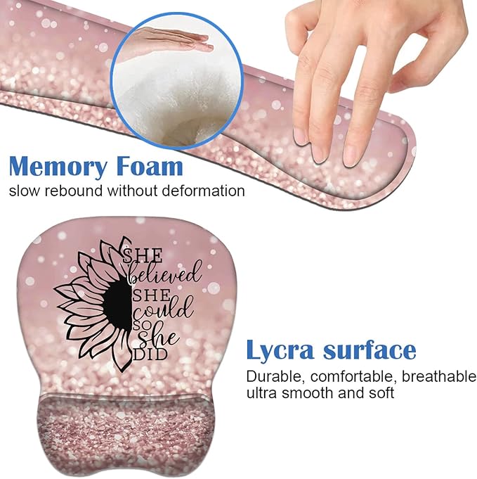 Mouse Pad Wrist Support and Keyboard Wrist Rest Set with Coasters, She Believed She Could So She Did Inspirational Quote with Non-Slip PU Base Ergonomic Mousepad for Home Office Working Studying