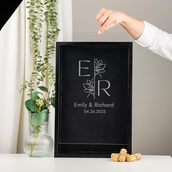 ARYCRAFTS Personalized Wooden Wine Cork Holder Shadow Box – Custom Engraved Display Case for Weddings, Engagements, Anniversaries & Wine Lovers – Rustic Memory Keepsake with Clear Front Panel