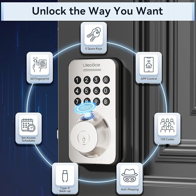 Ulecoce Fingerprint Keypad Deadbolt with Handle Set, Keyless Entry Door Lock, Door Locks for Front Door Lock Set, App Control, Auto Locking, Easy to Install, Satin Nickel