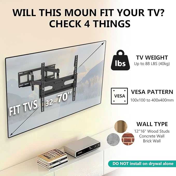 WALI Full Motion TV Wall Mount for 32–70 Inch TVs – Dual Articulating Mount with Swivel, Tilt & Extension | VESA up to 400x400mm | Fits 12/16" Wood Studs | Holds Up to 88 lbs