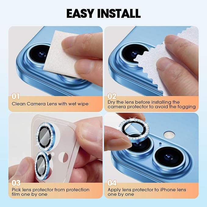 for iPhone 16/16 Plus Camera Lens Protector Bling Individual Metal Diamond Ring - Image 7