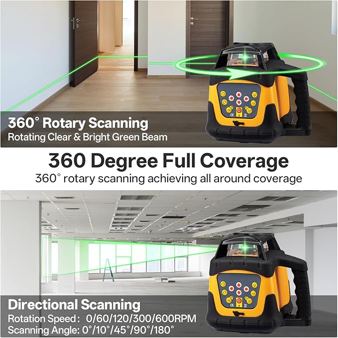 Self-Leveling Green Rotary Laser Level Kit, 2000ft Range with Receiver, ±1/8" Accuracy at 100ft, Class II ≤ 5 mW Laser, IP66 Waterproof, Includes Tripod, Grade Rod & Carrying Case
