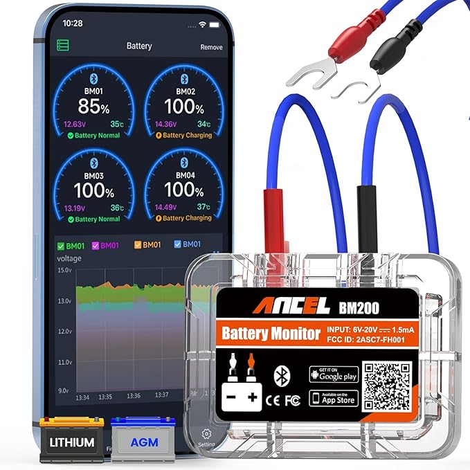 ANCEL BM200-US Car Battery Tester 12V Automotive Battery Monitor Bluetooth Auto Battery Load Tester with Cranking Charging Test Alarm Record Voltage History Voltmeter for Car/RV/Motorcycle/Truck/Boat