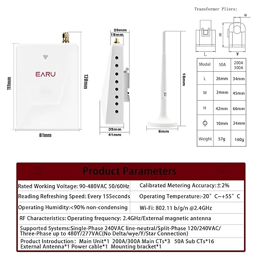 Smart Home Energy Monitor with 16 50A and 3-300A Circuit Level Sensors Real-Time Accurate Power Energy Consumption Tracking WiFi Meter SolarNet Metering2.4 GHz WiFi