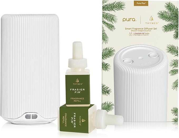 Thymes Pura Plus Smart Home Fragrance Diffuser Kit - Includes 1 Tabletop Pura Diffuser and 2 Frasier Fir Pura Refills - Notes of Siberian Fir, Cedarwood & Sandalwood