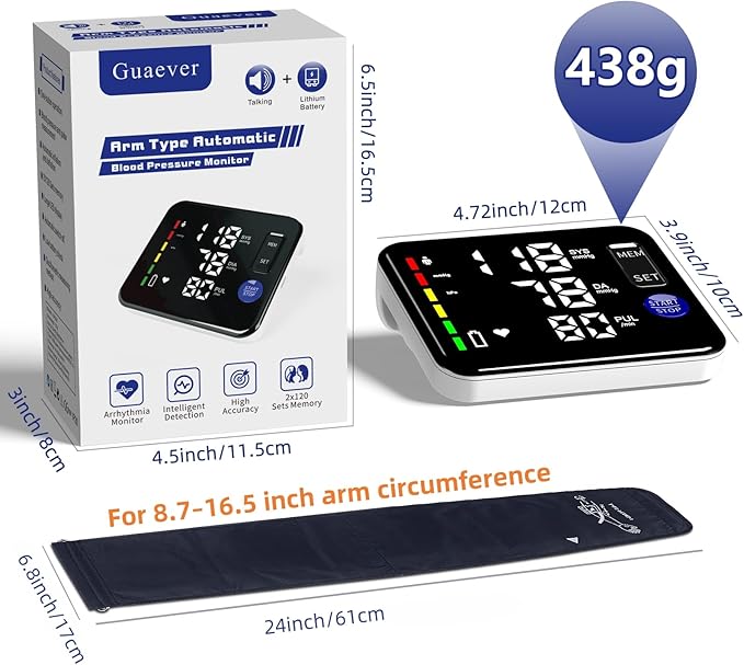 GUAEVER Blood Pressure Monitor Rechargeable Upper Arm Blood Pressure Monitors for Home Use Large Screen Bp Machine with 8.7"-16.5" Bp Cuff, 2x120 Memory, Voice Broadcast Bp Monitor (Black)