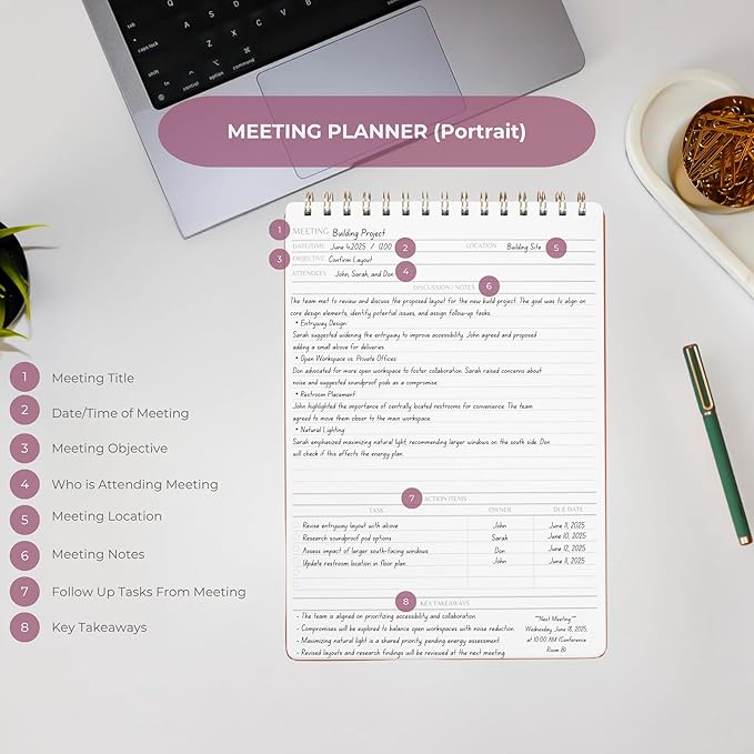 | Meeting Notebook for Work | 8.25" x 11.75" | Project Planner | Simple Design | Multiple Layouts | Office and Business Planner (Evergreen, Meeting Planner - Portrait)