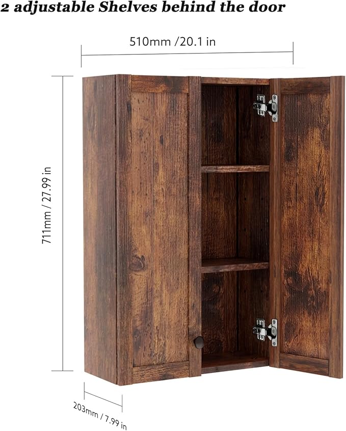 Bathroom Wall Cabinet Over Toilet Storage Cabinet 20x28 inch Brown Medicine Cabinets for Bathroom Storage Cabinet Space Saver with 2 Adjustable Shelves & 2 Doors