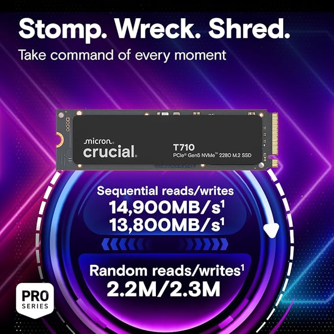 Crucial T710 PCIe Gen5 NVMe 1TB SSD, Up to 14,900 MB/s, Laptop & Desktop Compatible (PC), for Creatives and Hardcore Gamers, Solid State Drive, Includes 1Mo Adobe CC – CT1000T710SSD8-01