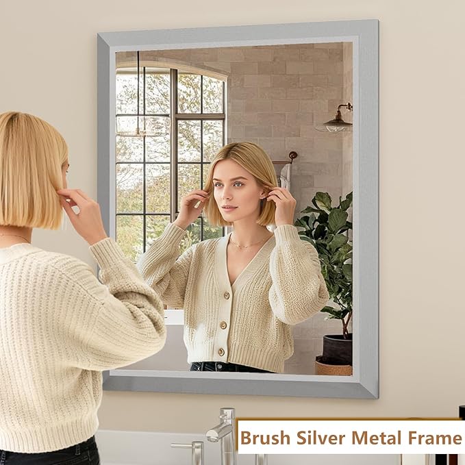 SMIROR Brushed Silver Bathroom Mirror for Over Sink, 20”x 24” Metal Thick Framed Rectangle Vanity Mirror for Wall, Right Angle Corner, Anti-Rust, Horizontally or Vertically Mounted