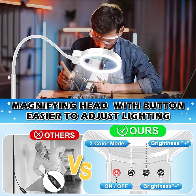 30X 10X Large Floor Magnifying Glass with Light and Stand,72 LED Flexible Gooseneck Floor Magnifying Lamp,2 in 1 Lighted Magnifiers for Close Work, Sewing,Crafts,Hobbies（White）
