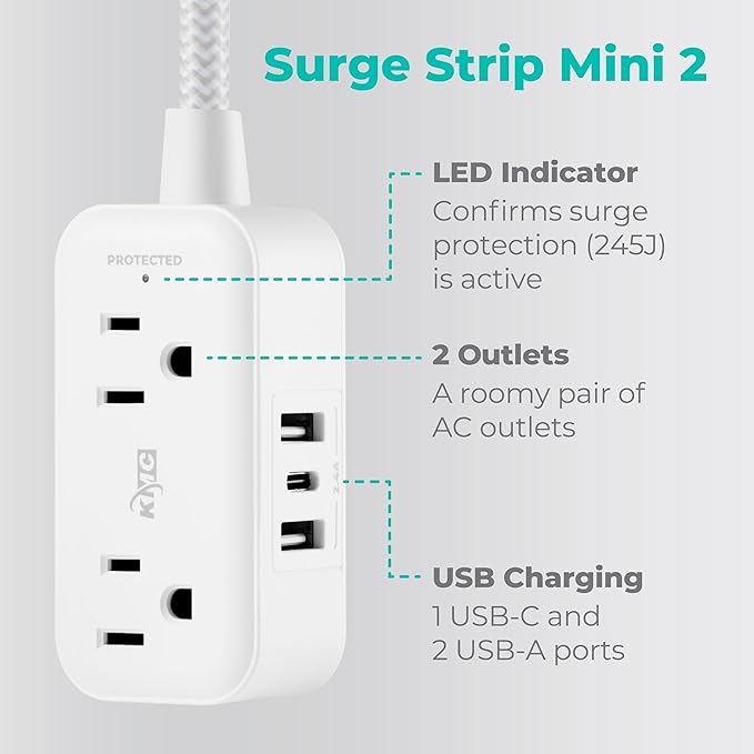 KMC 2-Outlet Mini Surge Protector Power Strip, 1 USB-C & 2 USB-A Ports, 245J Surge Protection, 5ft Braided Cord, 3-Prong Low-Profile Flat Plug, UL/ETL Certified, White