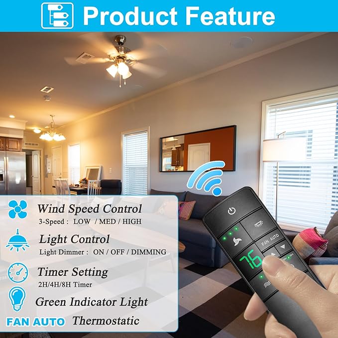 Thermostatic Ceiling Fan Remote Control Replacement for Hampton Bay 2AAZPHD3/HD3 KUJCE10320/TR222A, with Timer Light Dimmer, 3-Speed Wall Mount (Remote Only)