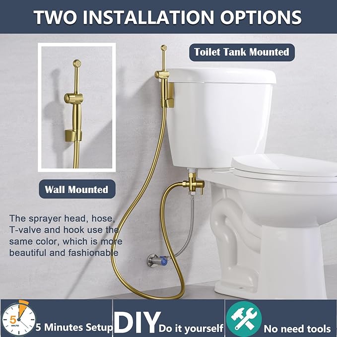 SonTiy Handheld Bidet Toilet Sprayer, Brass Cloth Diaper Sprayer Hand Held Bidet Attachment Jet Spray for Toilet with Backflow Preventer, 59" PVC Shower Hose and Shut Off Valve, Brushed Gold