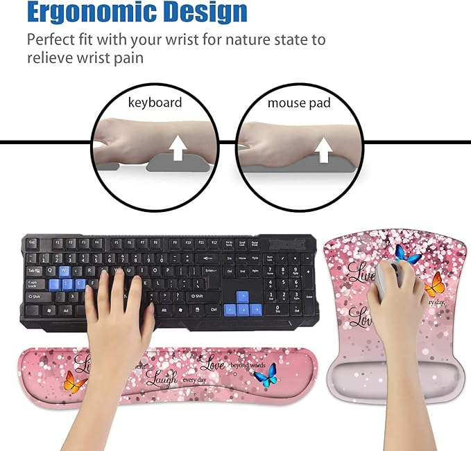 Ergonomic Mouse Pad Wrist Support and Keyboard Wrist Rest Set with Coasters, Non-Slip PU Base, Easy Typing & Pain Relief, Perfect for Home Office Working Studying, Glitter Quote Live Laugh Love