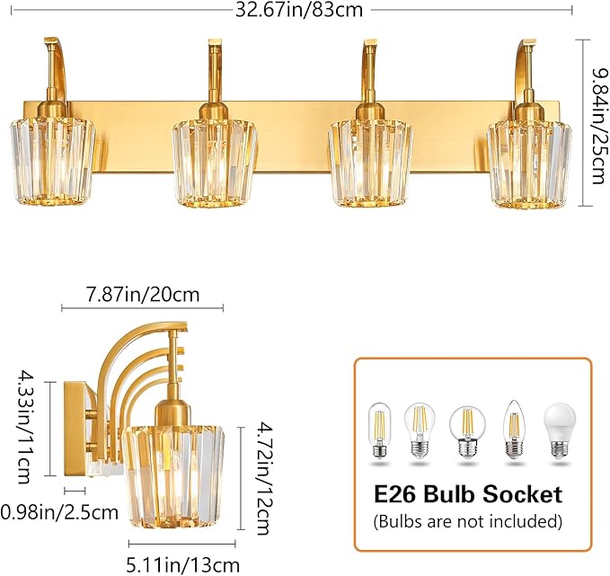 FDPBY Modern Bathroom Vanity Light, 4-Light Gold Wall Sconce with Crystal Accents, Over Mirror Bathroom Lighting Fixture, 32.67" Long Dimmable Vanity Lamp for Makeup, Easy Installation