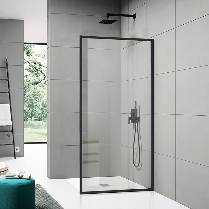 Shower Framed Glass Panel, 34" W x 74" H Shower Screen, 5/16" (8mm) Tempered Glass Shower Door, Fit for Walk-in Bathroom, Matte Black Fixed Shower Door