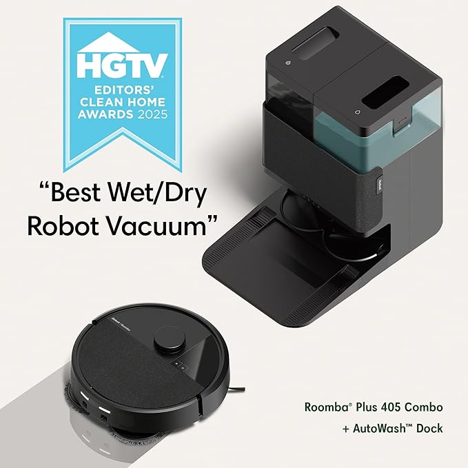 iRobot Roomba Plus 405 (G181) 2in1 Vacuum & Mop Robot with AutoWash Dock - Dual Spinning, Smart & Fast Mapping, Ideal for Pet Hair, Self-Empties 75 Days, Intense Suction, Pad Washing & Drying