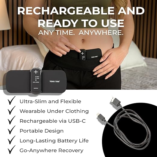 TENS 7000 Heat + TENS Unit for Menstrual Cramp Relief - Wearable Period Pain Device with Heat Therapy & 15 Intensity Levels, USB-C Rechargeable, Discreet & Portable