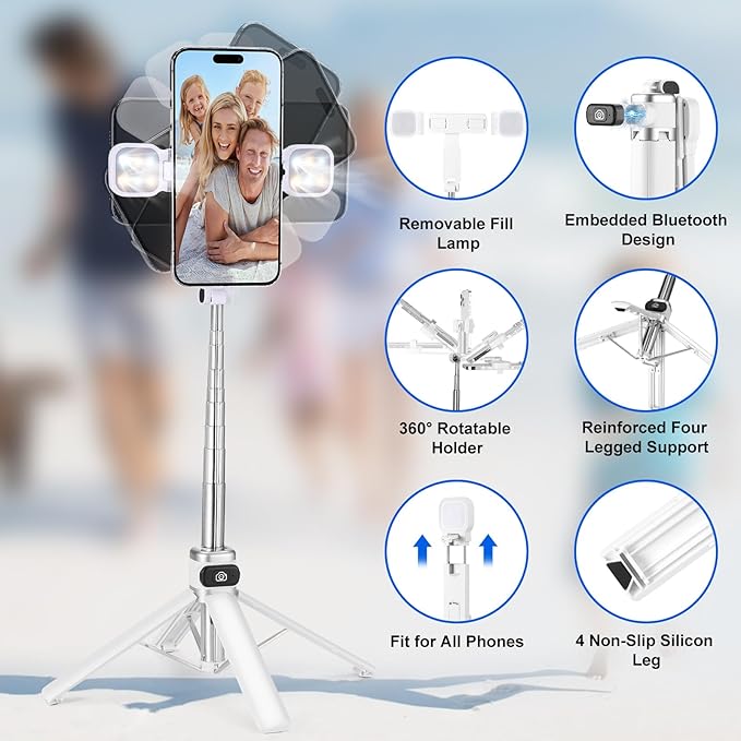 Mini Phone Tripod Stand,MQOUNY 38" Phone Tripod &Selfie Stick with Wireless Rechargeable Remote & Removable Light, Extendable Tripod Stand 360 Rotation Compatible with Phone&Android Samsung (White)