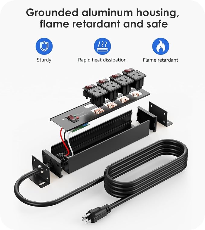 CCCEI Heavy Duty Surge Protector Power Strip 20 Amp Individual Switches. 6FT 12 Gauge Extension Cord with Multiple Outlets. Kitchen, Garage, Shop, Industrial Wall Mount Electric Extender, Black.