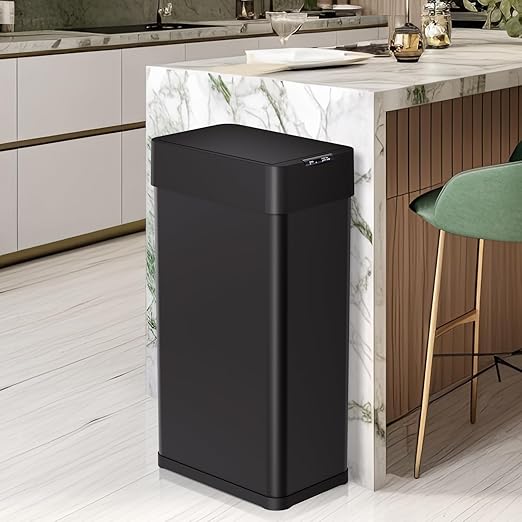 Arlopu 18.5 Gal Automatic Trash Can, 70 Stainless Steel Motion Sensor Garbage Bin, Touchless Brushed Wastebasket, W/Butterfly, Soft-Close Lid, for Living, Dinning Room, Kitchen ((Black)