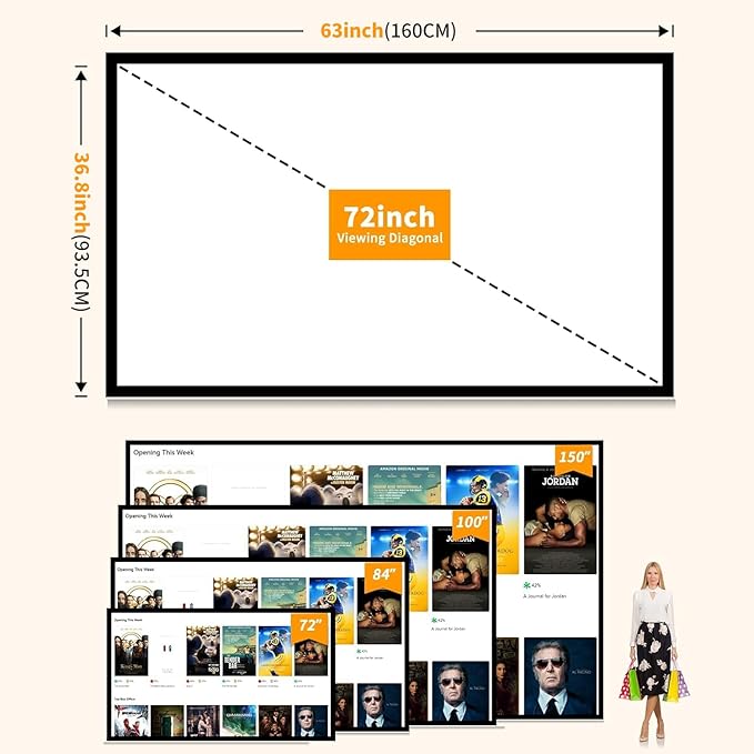 Taotique Projector Screen 72 inch, Movie Projector Screen 16:9 HD Foldable and Portable Anti-Crease Indoor Outdoor Projection Double Sided Video Projector Screen for Home, Party, Office, Classroom