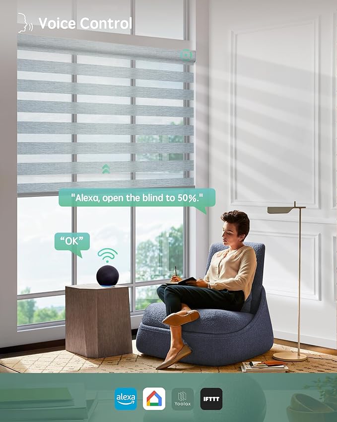Yoolax Motorized Zebra Blinds Works with Alexa, Motorized Blinds with Remote Custom Size, Privacy Electric Zebra Shades for Windows (80% Shading Luxury Grey)