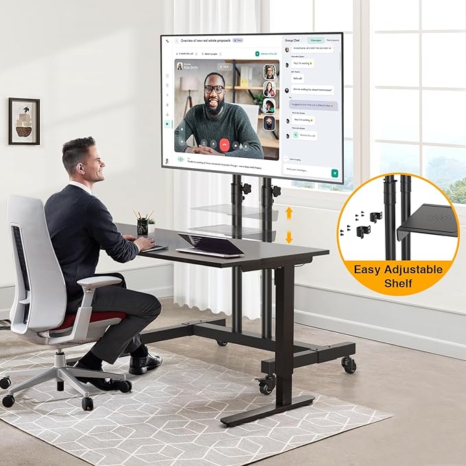 TVON Rolling TV Stand for 32-83 inch Flat Screen/Curved TVs up to 110 lbs, Height Adjustable Portable TV Stand on Wheels with Metal Laptop Shelf, TV Stands for Living Room, Home and Office Use