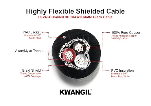 KWANGIL 3C 20AWG AMSB Shielded Cable Wire (UL2464) - Highly Flexible Str TC, PVC Ins, OS+TC BRD, PVC JKT for CNC Machine, Stepper Motor, VFD Spindle (Matte Black 100FT)