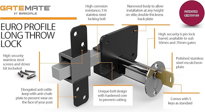 GateMate Long Throw Gate Lock, Euro Profile Gate Lock for Sheds, Gates & Garage Doors, Keyed Outside & Inside Thumb Turn, 316 Stainless Steel, for Wooden Gates & Doors Up to 2” (50mm), 5 Keys