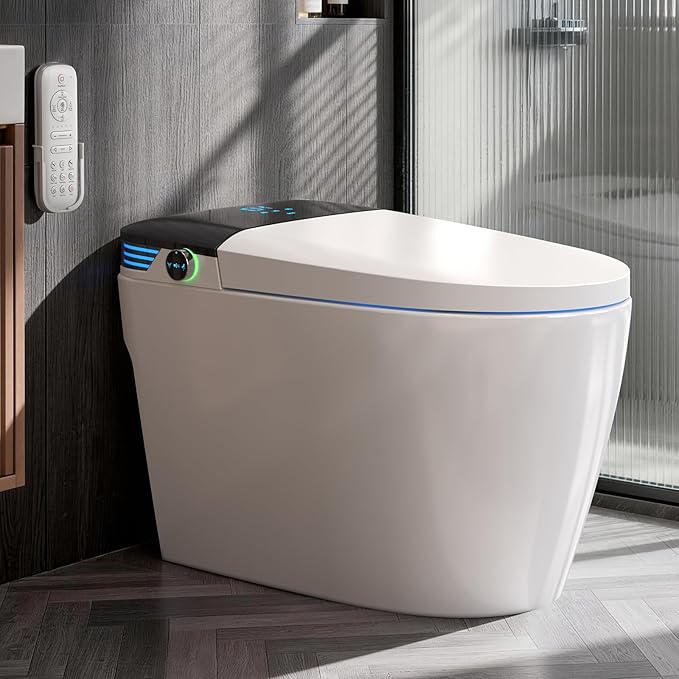 WANSID Luxury Smart Toilet with Bidet Built-In,1.28 GPF Elongated One Piece Toilet for Bathroom, Auto Open/Close, Foot Sensor Operation, Heated Bidet Seat, Warm Water & Dryer, Digital Display