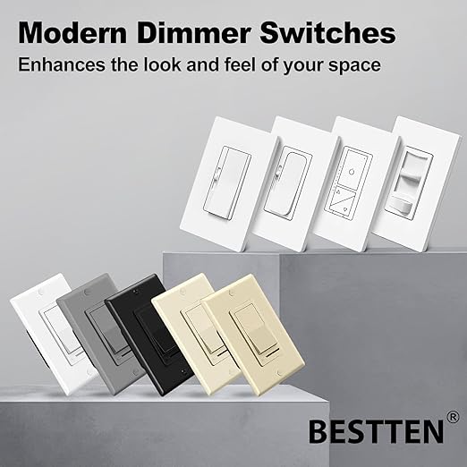 BESTTEN 5 Pack Dimmer Light Switch, Single Pole or 3-Way, Compatible with Dimmable LED, CFL, Incandescent and Halogen Bulb, LED Slide Dimmer Switch, Neutral Wire Not Required, 120VAC, UL Listed, White