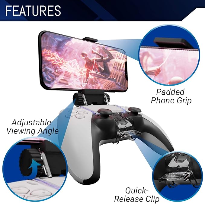 Orzly PS5 Controller Mobile Gaming Clip, DualSense Controller Phone Mount Adjustable Phone Holder Clamp Compatible with PlayStation 5 Dualsense Controller