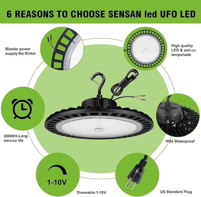 High Bay Led Shop Lights 200W 1-10V Dimmable UFO LED High Bay Light 200W 5000K with US Plug&Hook 30000LM ETL Listed - Ideal Shop Lights UFO Lights Led Warehouse