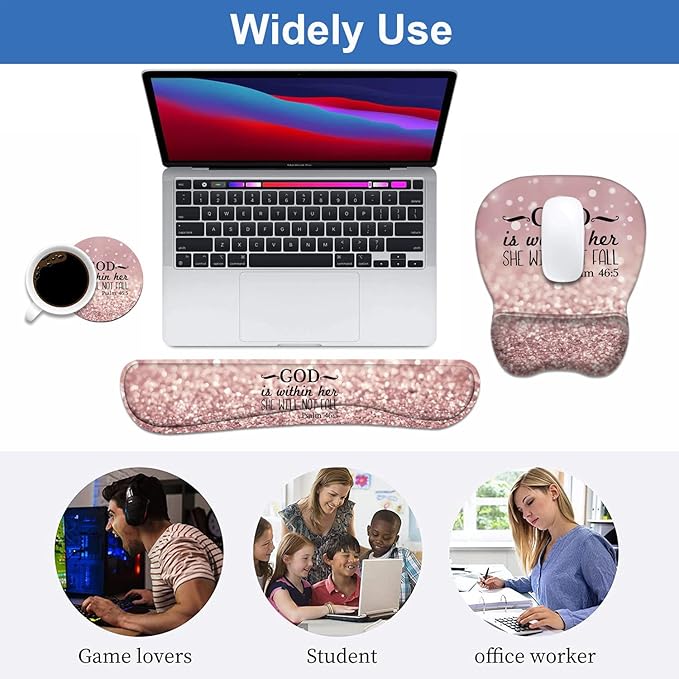 Ergonomic Mouse Pad Wrist Support and Keyboard Wrist Rest Set with Coasters, Non-Slip PU Base, Easy Typing & Pain Relief, Perfect for Home Office Working Studying, Bible Verse Psalm 46:5