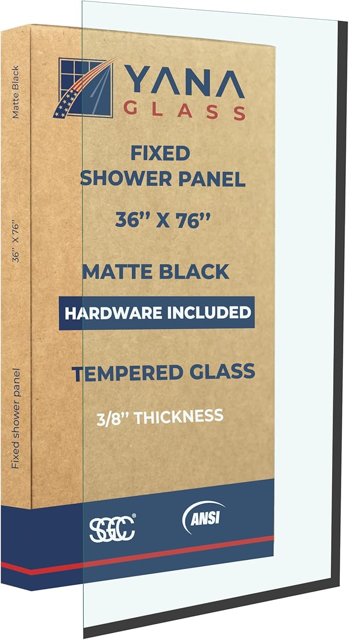 Yana Frameless Shower Door Screen, Fixed Shower Door Panels 3/8" Thick Tempered Glass, Water Repellent, Reversible Shower Wall Panel with Matte Black Finish 36" x 76"