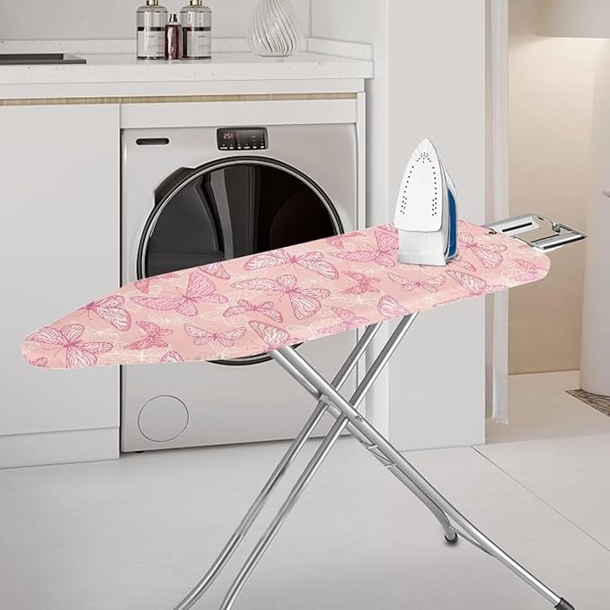 ZCFYGDX Breathable Ironing Board Cover Decor, Resist Scorching & Staining, 14x45 Wear & Soil Resistant Covers, Elastic Edges,3 Fasteners,Anti-Scorch Polyester Butterfly Pattern Pink Print