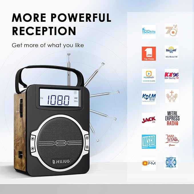 JEUJUG Radio Portable AM FM Digital Radios Clock Radio with Bluetooth 5 Watts Loud Speaker Rechargeable AM FM Radios Plug in Wall Battery Operated Best Reception for Home Outdoor Great Retro