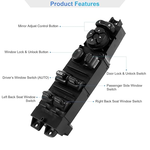BASIKER Master Power Window Switch and Bezel, Driver Side Window Switch Bezel Replacement for 2002 to 2010 Dodge Ram 1500 2500 3500, Black