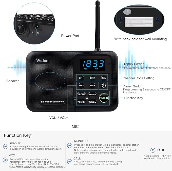 Wuloo Intercoms Wireless for Home 1 Mile Range 22 Channel 100 Digital Code Display Screen, Wireless Intercom System for Home House Business Office, Room to Room Intercom Communication(2Stations,Black)