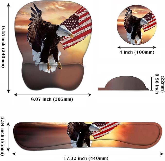 Ergonomic Mouse Pad Wrist Support and Keyboard Wrist Rest Set with Coasters, Non-Slip PU Base, Easy Typing & Pain Relief, Perfect for Home Office Working Studying, Patriotic American Flag Bald Eagle